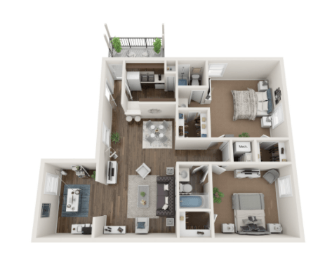 Floor plan for 2 beds, 2 baths, 975 sqft